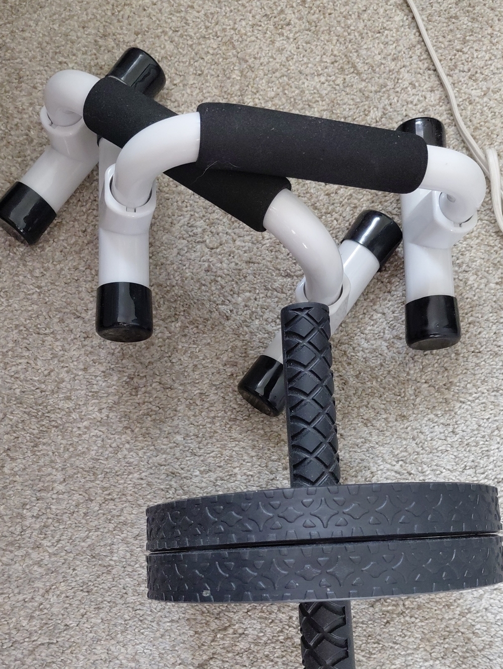 White and Black Push-Up Bars with Foam Grips And Ab Roller